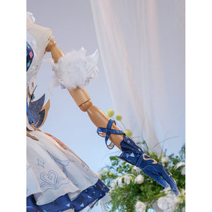 Genshin Impact Snezhnaya Odette cosplay sleeve detail pairs white feather cuff with a blue glove.