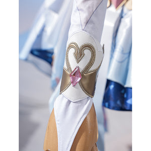 Genshin Impact Snezhnaya Odette cosplay sleeve trim detail sets a pink accent inside gold-tone curves.