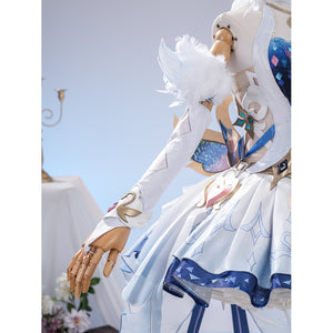 Genshin Impact Snezhnaya Odette cosplay side view drops the white sleeve beside a lifted skirt edge.