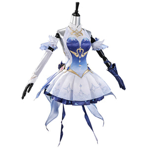 Genshin Impact Snezhnaya Odette cosplay costume angled view frames sheer side panels around the short skirt.