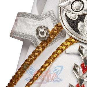 Genshin Impact Tartaglia cosplay shoulder board centers a glitter emblem beside a gold aiguillette and silver star badge.