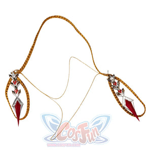 Genshin Impact Tartaglia cosplay headpiece pairs braided gold cord loops with silver geometric pendants tipped in red gems.