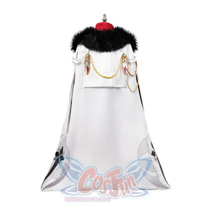 Genshin Impact Tartaglia cosplay cloak back traces gold chain swags and jeweled accents across black fur-trimmed edges.