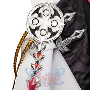 Genshin Impact Tartaglia cosplay back decoration layers a cross-like embroidered patch above quilted silver cord and red gem.
