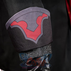 Genshin Impact Tartaglia cosplay cuff detail pairs a red applique with a grey glitter band across a black sleeve edge.
