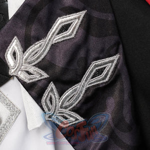 Genshin Impact Tartaglia cosplay jacket detail layers silver diamond and fleur-de-lis embroidery over dark cloud-printed.