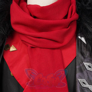 Genshin Impact Tartaglia cosplay scarf detail centers a red scarf tucked into a black fur-trim costume neckline.