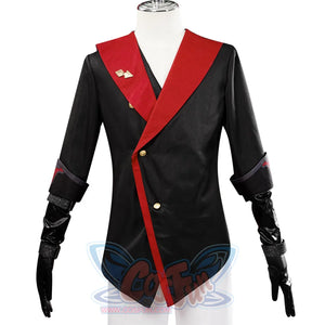 Genshin Impact Tartaglia cosplay coat frames asymmetric red lapels and gold buttons.