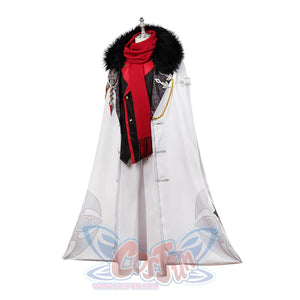 Genshin Impact Tartaglia cosplay cape drapes floor-length white fur lining over a double-breasted black and red vest.