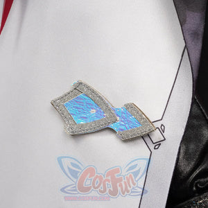Genshin Impact Tartaglia cosplay patch centers a geometric silver glitter border around blue panels on white fabric.