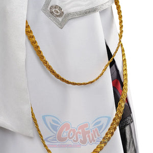 Genshin Impact Tartaglia cosplay trim balances a textured braid border and ornamental button.
