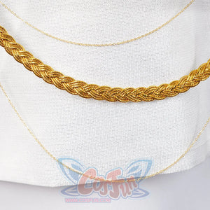 Genshin Impact Tartaglia cosplay chain accessory layers a braided gold rope in a detailed costume view.