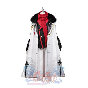 Genshin Impact Tartaglia cosplay coat pairs a black fur-hemmed cloak with a gold-button vest and chain pin.