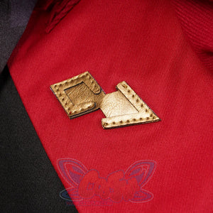 Genshin Impact Tartaglia cosplay sleeve pairs a red fabric section with a gold textured geometric faux-leather applique.