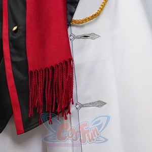 Genshin Impact Tartaglia cosplay closure detail balances silver fasteners and gold cord on white outerwear.
