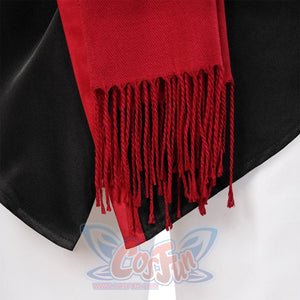 Genshin Impact Tartaglia cosplay scarf hem drops a long red fringed scarf below a woven-texture black garment edge.