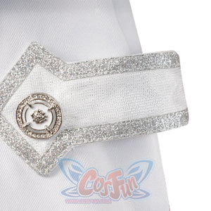 Genshin Impact Tartaglia cosplay strap traces silver glitter borders along a white fabric band to a circular silver emblem.