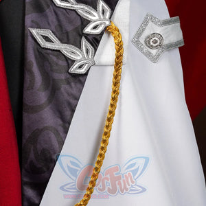 Genshin Impact Tartaglia cosplay chest detail frames silver embroidered appliques.