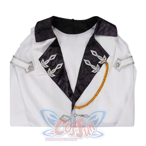 Genshin Impact Tartaglia cosplay vest balances silver-embroidered black lapels with rhinestone epaulets and a gold chain.