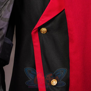 Genshin Impact Tartaglia cosplay jacket front layers black fabric over red panels edged by gold buttons and red piping.