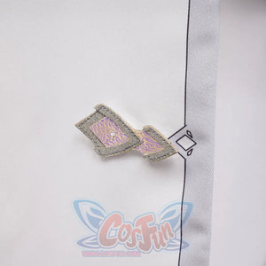 Genshin Impact Tartaglia cosplay badge frames a geometric silver glitter border around purple panels and gold line pattern.