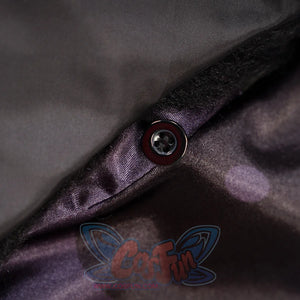 Genshin Impact Tartaglia cosplay button detail anchors a dark maroon button to purple satin trim.