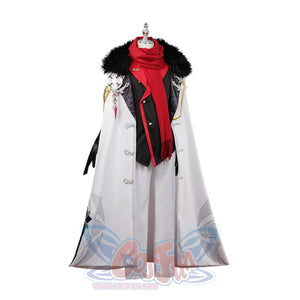 Genshin Impact Tartaglia cosplay outfit balances a collared fur-trim cape with wide-leg white trousers and one black glove.