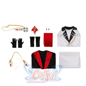 Genshin Impact Tartaglia cosplay full set lays out a white coat, black-red waistcoat, gold chains, black gloves, and arm.