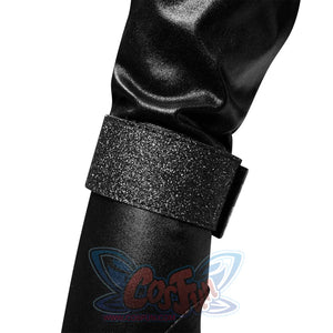 Genshin Impact Tartaglia cosplay gauntlet wraps a chunky silver glitter band around a shiny black faux-leather long glove.
