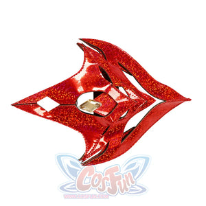 Genshin Impact Tartaglia cosplay back piece centers an iridescent diamond gem in a sparkling red cutout bird-shaped panel.