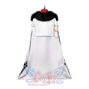 Genshin Impact Tartaglia cosplay hood back anchors a gold chain to a black fur-trim neckline above hem pattern work.