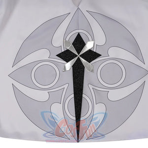 Genshin Impact Tartaglia cosplay emblem centers a black glitter cross applique over a grey circular print on white fabric.
