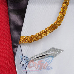 Genshin Impact Tartaglia cosplay trim detail traces a gold braided cord across a red panel edged by black satin lining.