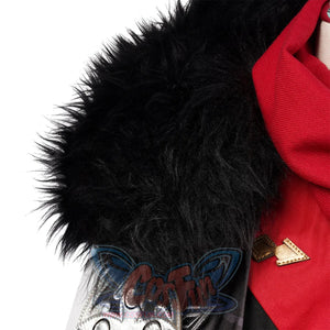 Genshin Impact Tartaglia cosplay collar pairs black shaggy faux fur with a red draped panel and a patterned metal closure.