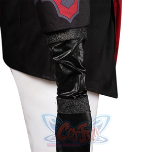 Genshin Impact Tartaglia cosplay sleeve traces two glittery silver bands down a long black sleeve on a black and red coat.