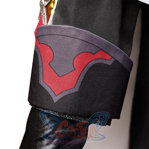 Genshin Impact Tartaglia cosplay cuff anchors a red scalloped applique between a grey upper band and black sleeve edge.