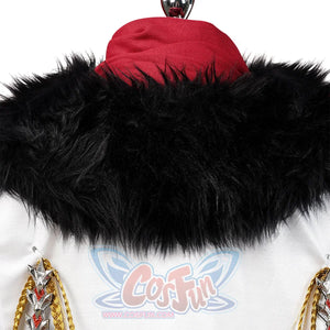 Genshin Impact Tartaglia cosplay headwear sets a red textured cap above a black fur collar with gold epaulet braid and red.