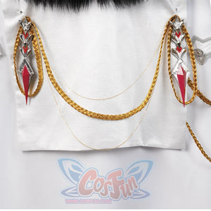 Genshin Impact Tartaglia cosplay front decoration pairs multi-layered gold braids with twin diamond-shaped silver and red.