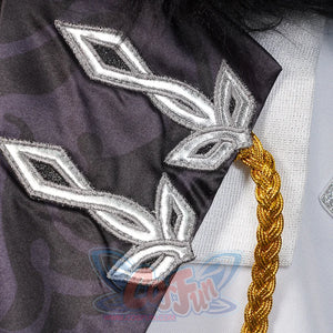 Genshin Impact Tartaglia cosplay applique detail pairs silver diamond and leaf embroidery with a braided gold cord on dark.