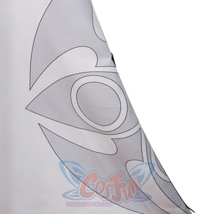Genshin Impact Tartaglia cosplay fabric detail centers a bold gray eye symbol outlined in thick black on white material.