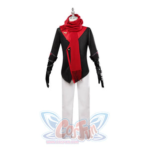 Genshin Impact Tartaglia cosplay jacket sets a gold-button black coat beside a fringed red scarf and long black gauntlets.