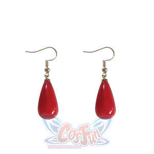 Genshin Impact Tartaglia cosplay earrings drop a pair of bright red teardrop-shaped hooks from small gold fittings.