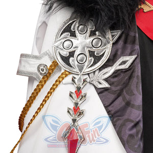 Genshin Impact Tartaglia cosplay shoulder decoration anchors a silver emblem to braided gold cords and a gem-pendant chain.