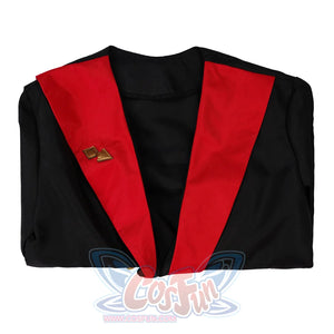 Genshin Impact Tartaglia cosplay top layers a black and red v-neck panel anchored by two gold diamond appliques on the left.