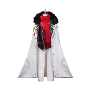 COSFUN Genshin Impact Tartaglia cosplay costume layers a fur-trimmed white cape over a black vest and red scarf.