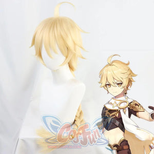 Genshin Impact Traveller Aether cosplay wig layers a short platinum blonde cut over a prominent cowlick and long braid.
