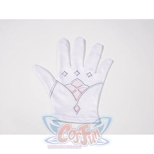 Genshin Impact Vesna cosplay costume short glove detail traces pink linework across the white hand piece.