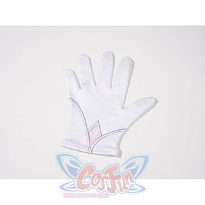 Genshin Impact Vesna cosplay costume white glove detail anchors a pink wrist motif below the fitted fingers.