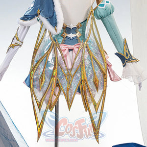 Genshin Impact Vesna cosplay wing extends in layered translucent panels edged by iridescent gold-tone lines.
