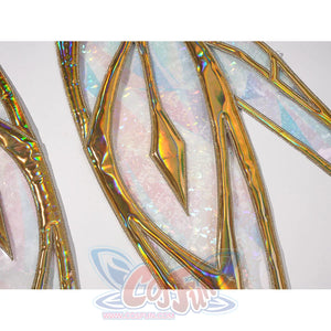 Genshin Impact Vesna cosplay wing detail layers translucent panels beneath raised iridescent gold-tone edging.